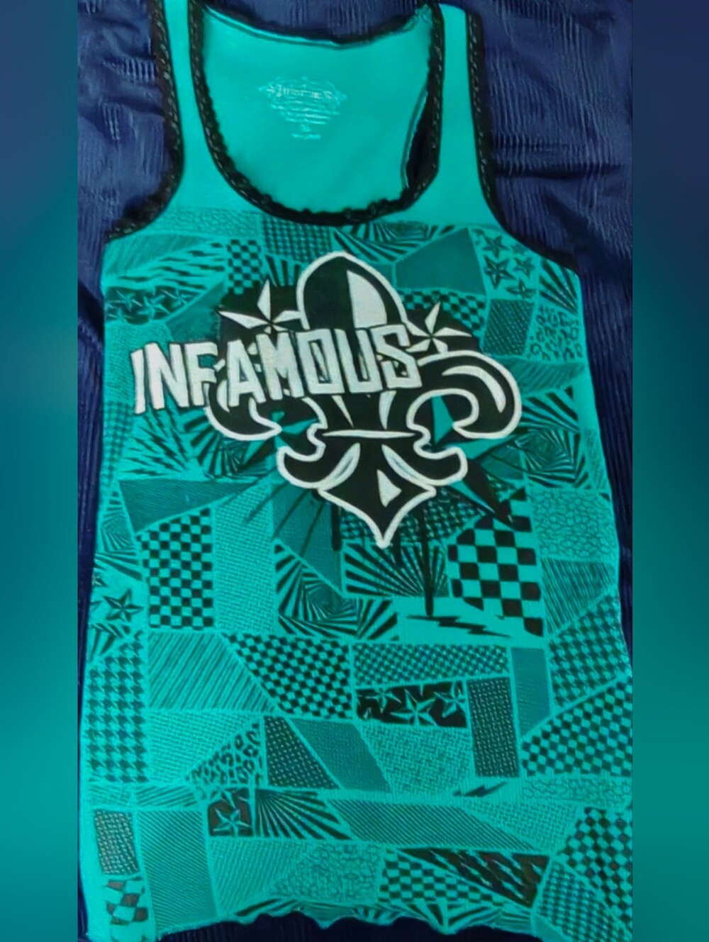 Infamous Y2K Black Lace On Green Graphic Multi Print Ribbed Tank Top.